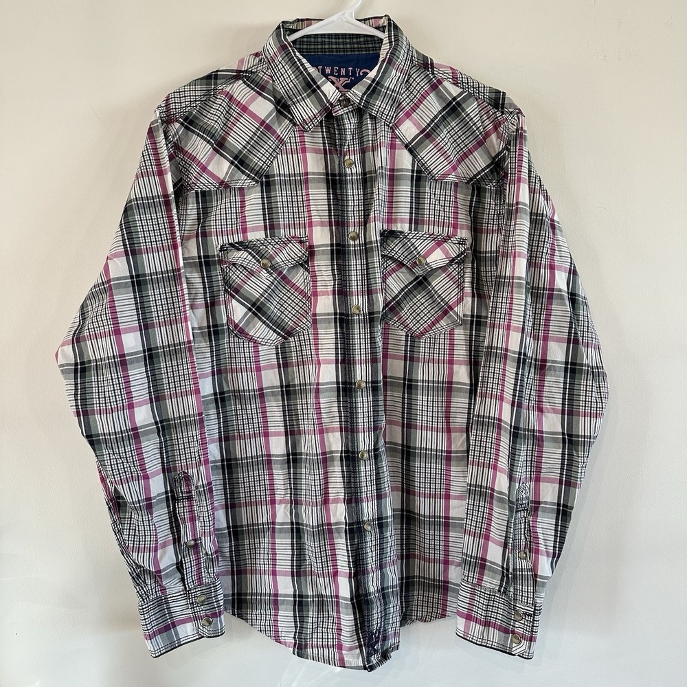 Women's Twenty X Western Long Sleeve Large Black Pink Plaid Pearl Snap Rodeo
